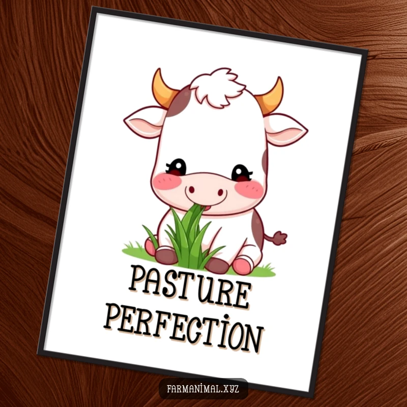 Funny happy cow munching on grass with a contented expression, on a poster, radiating humorous and peaceful farm animal energy.