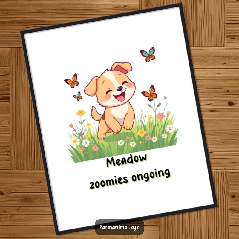Funny happy dog chasing butterflies in a vibrant meadow on a poster, a delightful and humorous piece.
