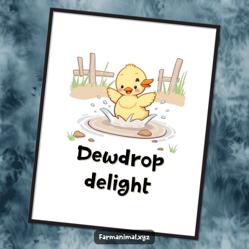 Funny duckling enthusiastically splashing in a barnyard puddle, a humorous and charming poster for wall decor.
