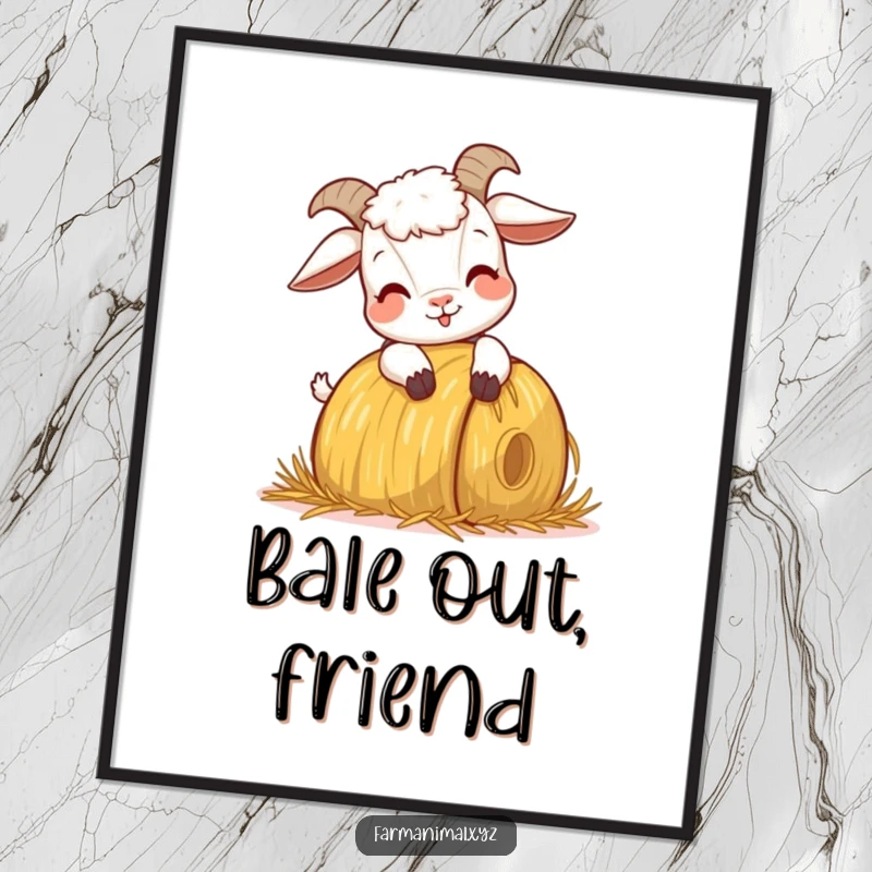 Funny Goat Headbutting Poster, capturing a goat's comical, playful ram against a hay bale, bringing farmyard humor to any wall.