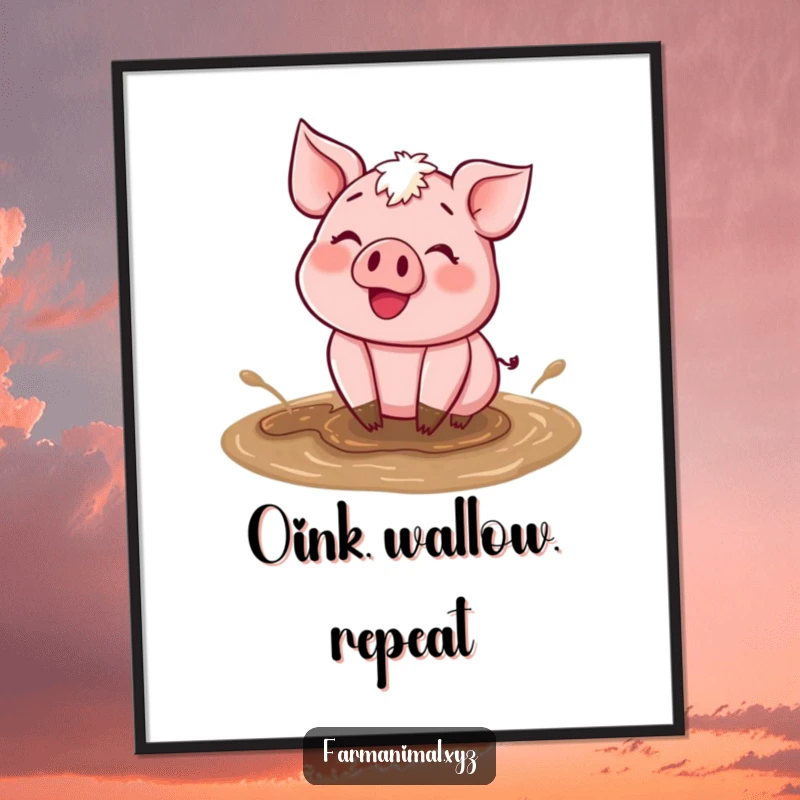 Funny Happy Pig Mud Poster showcasing a content pig joyfully wallowing in a mud puddle, adding rustic humor to walls.