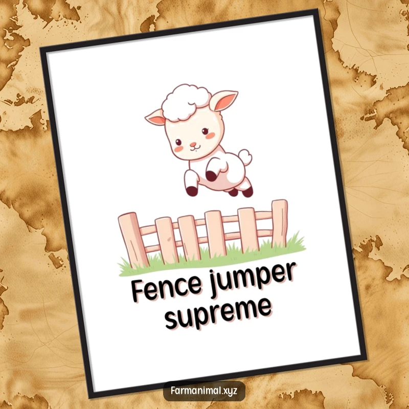Funny Lamb Poster capturing the energetic leap of a happy lamb over a small fence, perfect for adding whimsical decor.