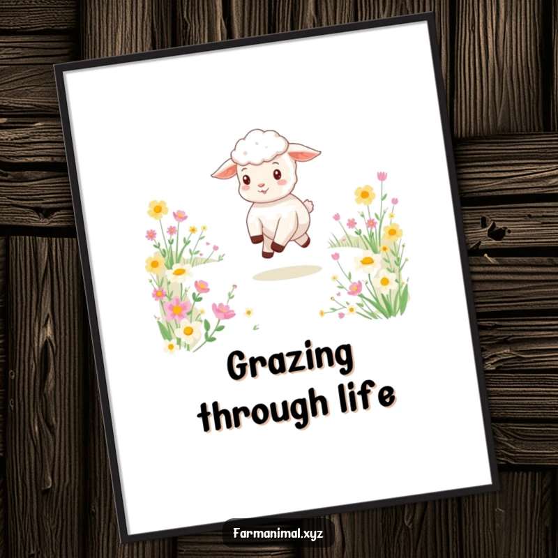 Funny poster print of a happy lamb skipping joyfully across a sunny meadow abundant with colorful flowers, creating a cheerful scene.