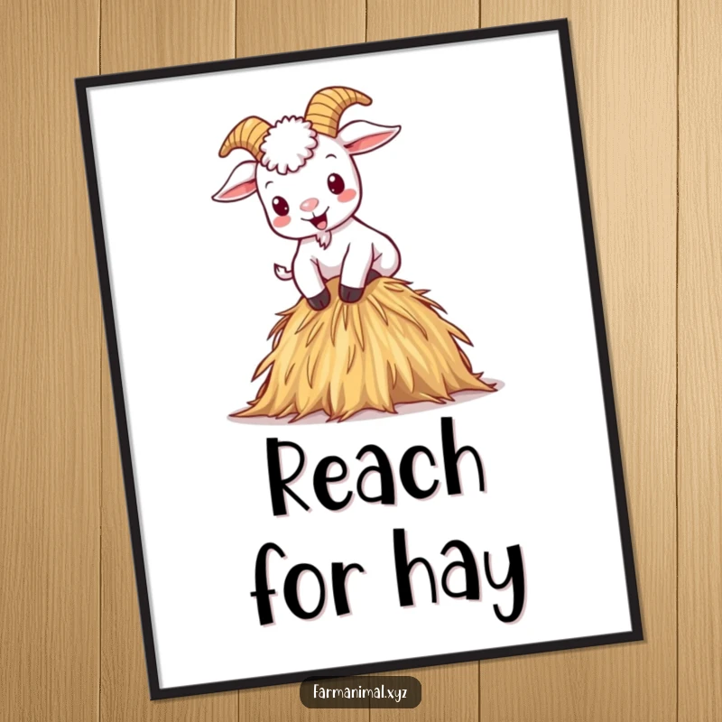 Funny poster depicting a mischievous cartoon goat gleefully climbing a small haystack, full of joy.