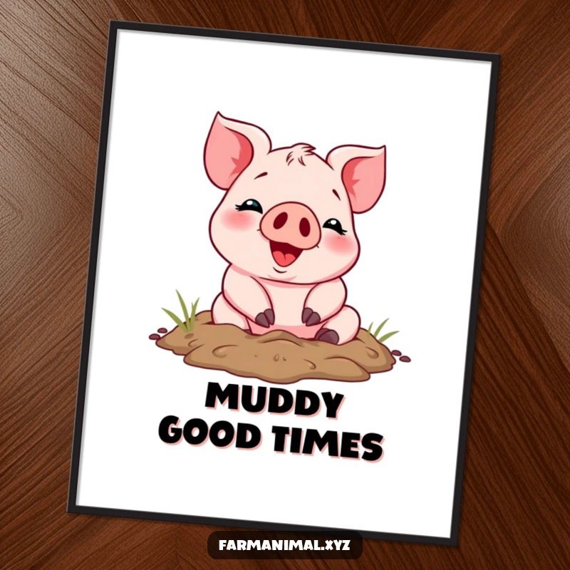 Funny cheerful piglet mid-roll in mud, with a big smile, on a poster, radiating pure, humorous farm animal joy.