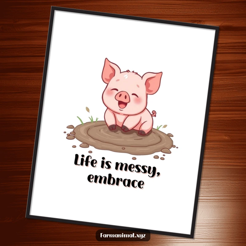 Funny piglet poster, mid-roll in a muddy puddle, creating a splash, bringing vibrant farmyard energy to wall decor, a funny gift.