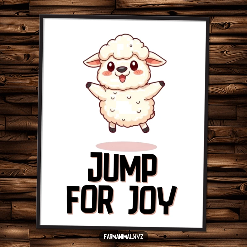 Funny Sheep Poster depicting a fluffy sheep in a comical, small jump, creating a scene of pure, lighthearted farmyard amusement.
