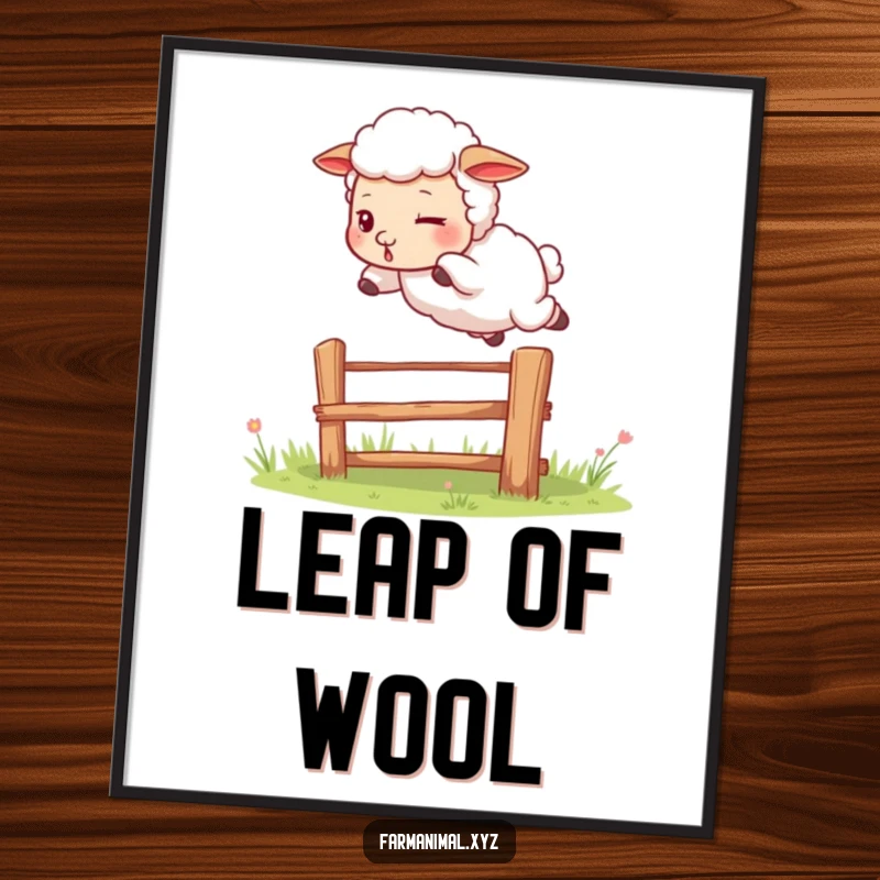 Funny sheep poster illustrating a determined sheep leaping over a fence, adding a touch of playful action and humor to any wall.
