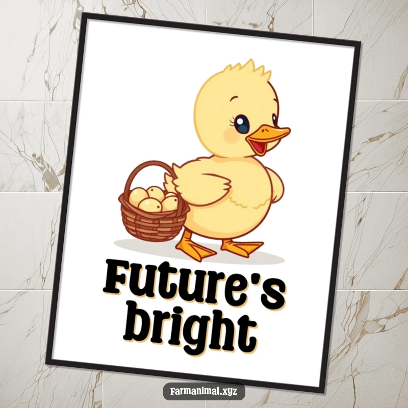 Funny Duckling Poster featuring a proud duckling waddling carefully with a basket packed with tiny eggs, adding cheer to any room.