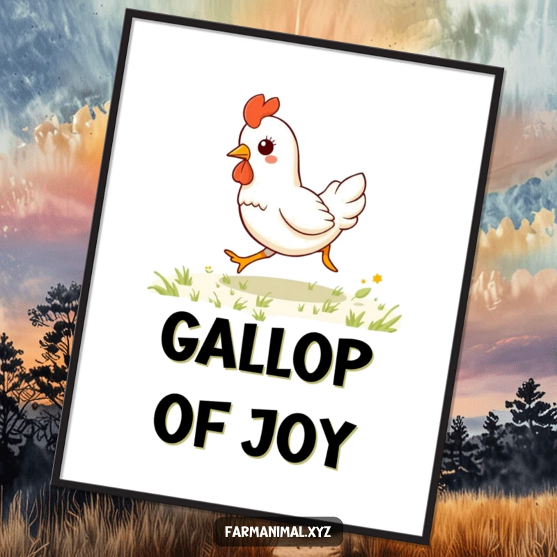 Funny kawaii chicken galloping across a vibrant field, a humorous farm animal wall art poster that radiates joy and energy.