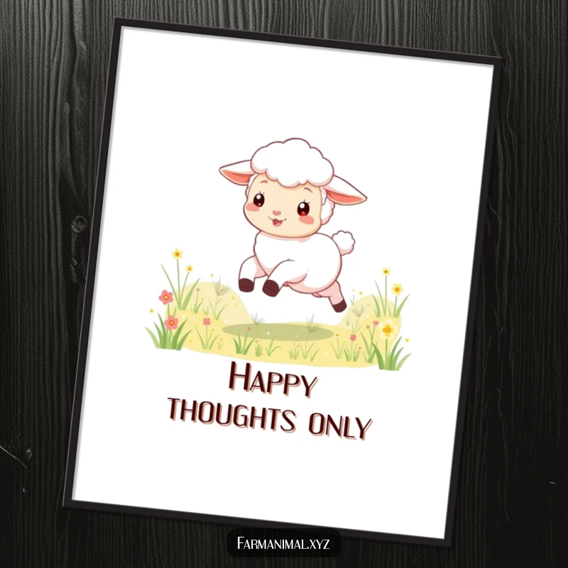 Funny lamb poster depicting a playful character skipping through a meadow, bringing cheerful pastoral scenes and humorous charm to wall decor.
