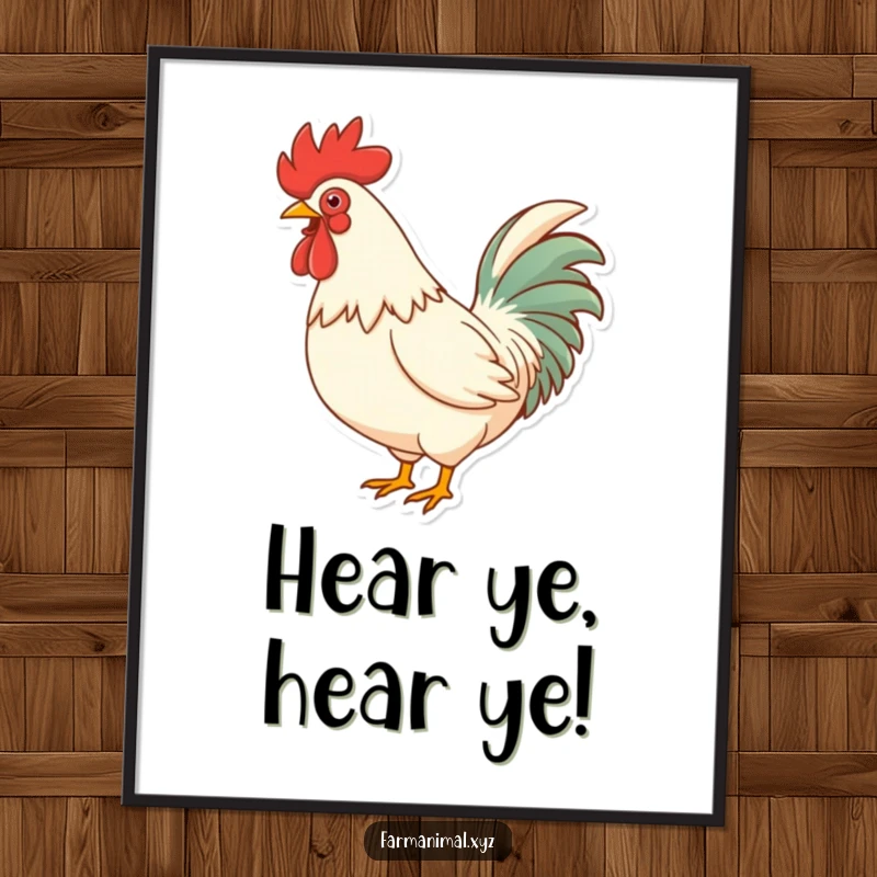 Funny Rooster Crowing Poster, a dynamic illustration of a rooster chest puffed out, mid-loud crow, radiating comical farmyard energy and personality.