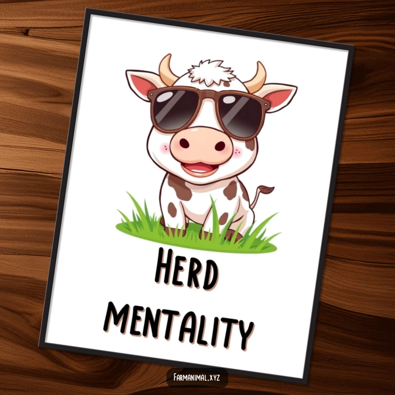 Funny cow wearing sunglasses, happily munching grass, displayed as funny wall art.