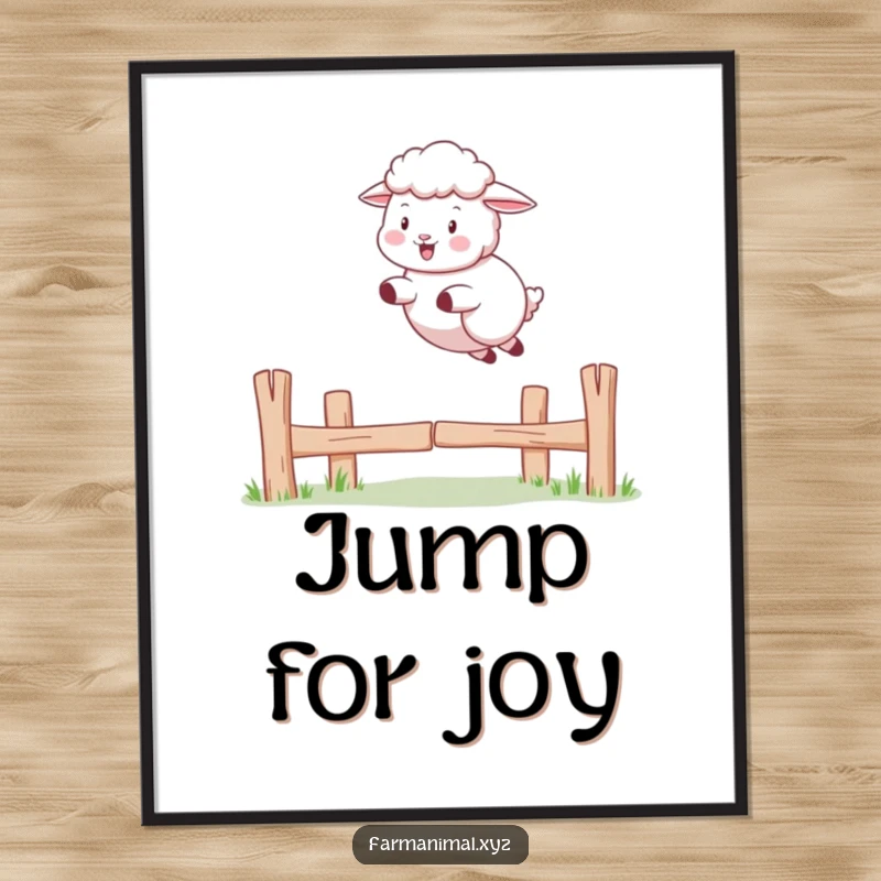 Funny Sheep Poster: A sheep is captured mid-jump over a small fence, embodying playful freedom and country charm.