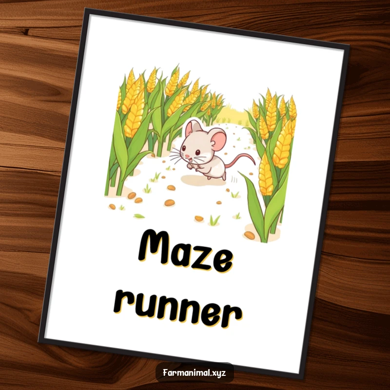 Funny Mouse Scurrying Poster, capturing a happy mouse joyfully running through a cornfield, bringing cute farmyard humor to any wall.