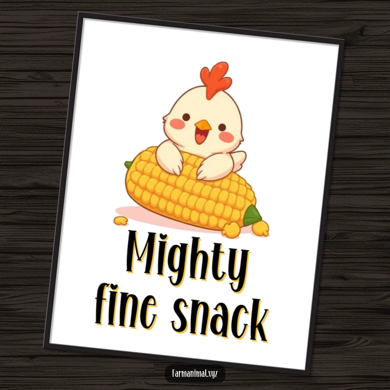 Funny poster of a cheerful chicken excitedly pecking at a giant corn cob, full of farm delight.