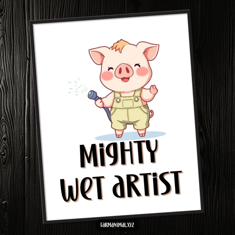 Funny Piglet Poster: A cheerful piglet in overalls joyfully sprays water from a hose, creating a lively garden scene.