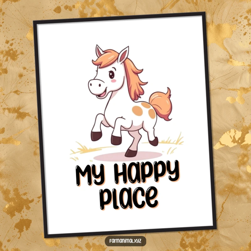 Funny Horse Poster featuring a smiling horse kicking up its heels in a pasture, evoking pure happiness.