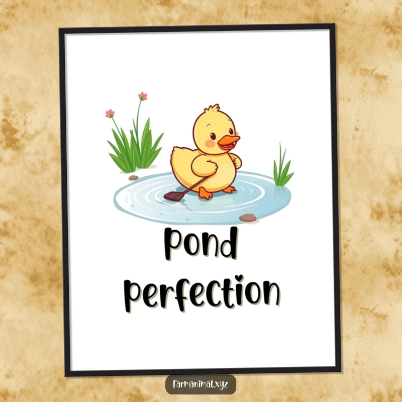 Funny duckling poster illustrating a happy duckling paddling energetically in a pond, adding a touch of cheerful charm to any room.
