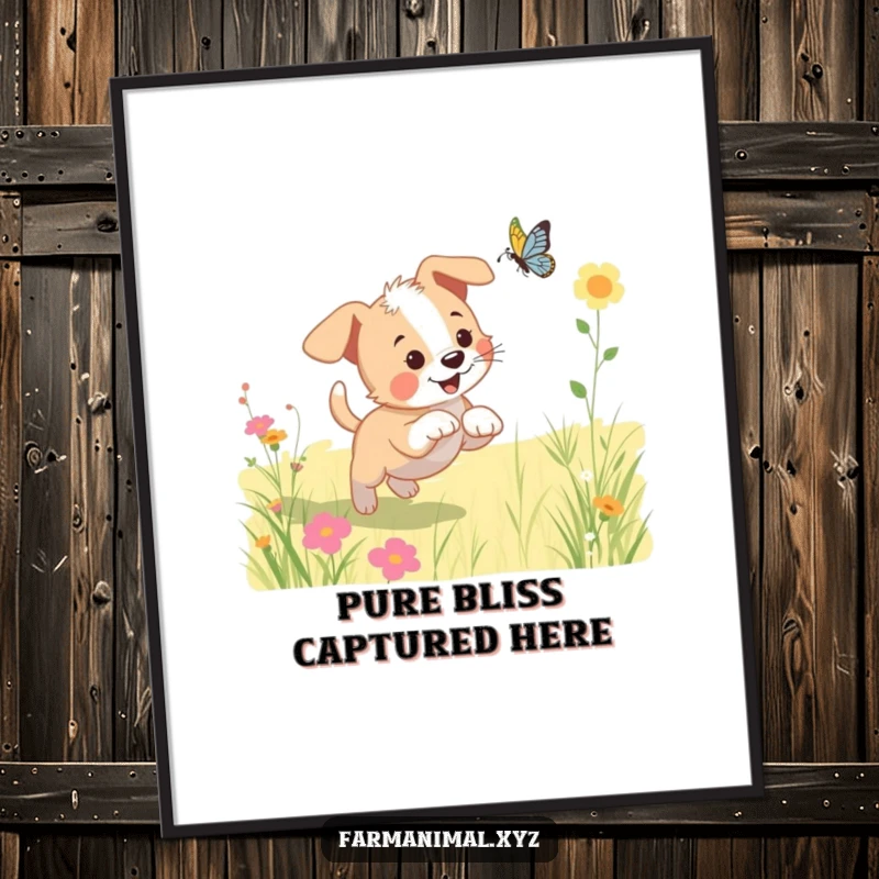 Funny puppy poster showcasing a playful dog gleefully chasing a butterfly in a vibrant, sunny meadow, exuding pure childhood joy.
