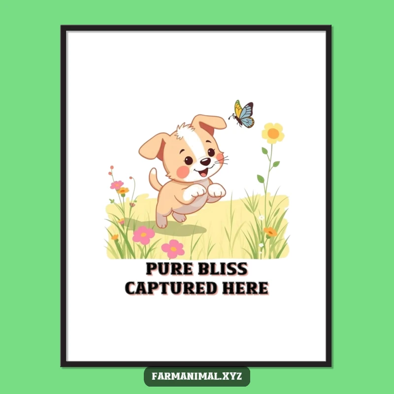 Funny Puppy Butterfly Poster - Sunny Meadow Art Print, Cheerful Gift