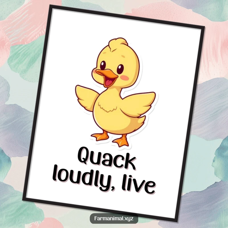 Funny cheerful duck poster, quacking and flapping wings with glee, vibrant art for uplifting wall decor.
