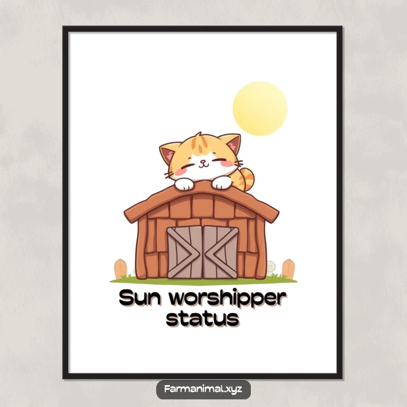 Funny cat poster artwork of a smiling cat character happily napping on a warm, sunlit barn roof.