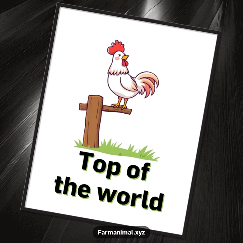 Funny rooster character proudly crowing atop a fence post, a vibrant poster print for farmhouse decor.