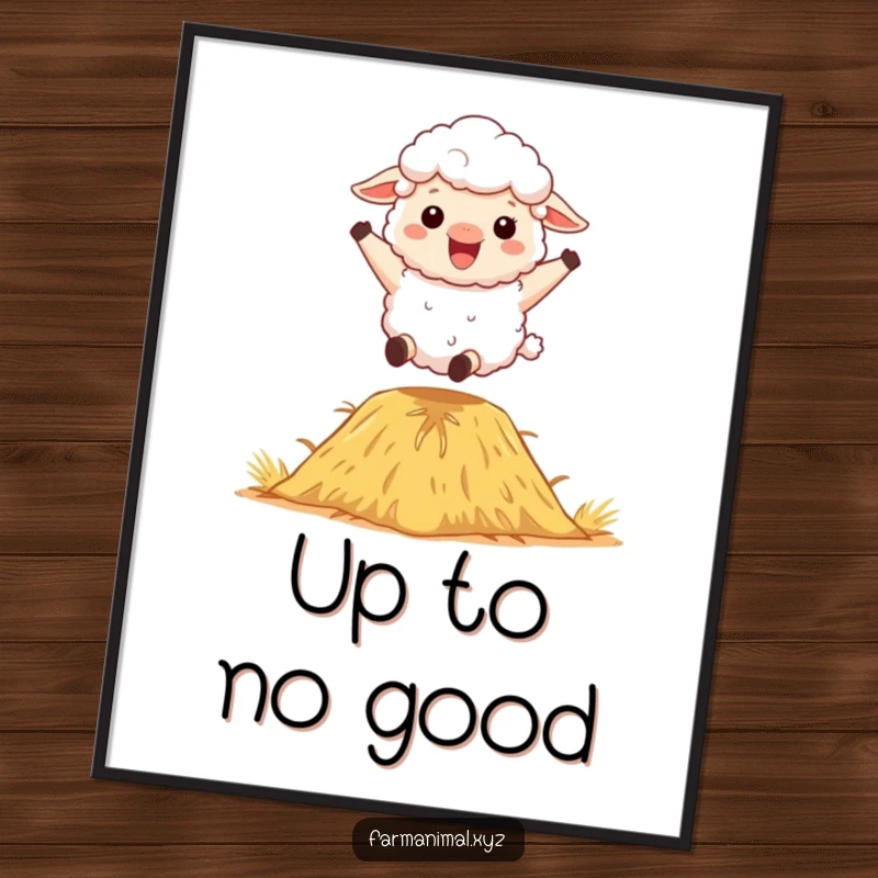 Funny Sheep Poster: A fluffy sheep character excitedly bouncing on a haystack, creating a scene of pure joy.