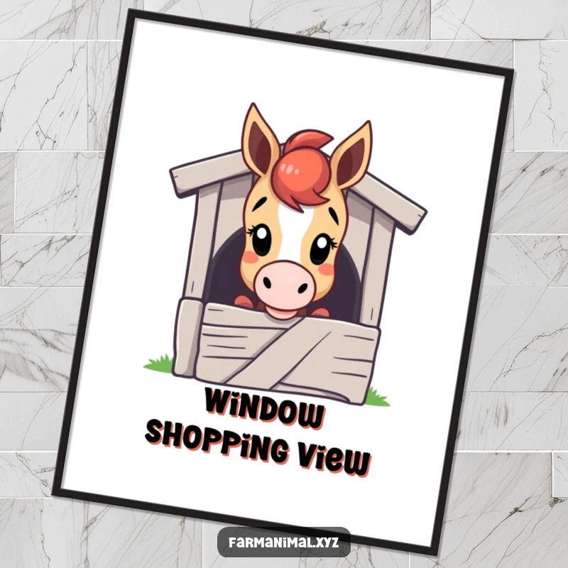 Funny horse poster displaying a curious horse character's head over a stable door, evoking a sense of gentle inquiry and charm.