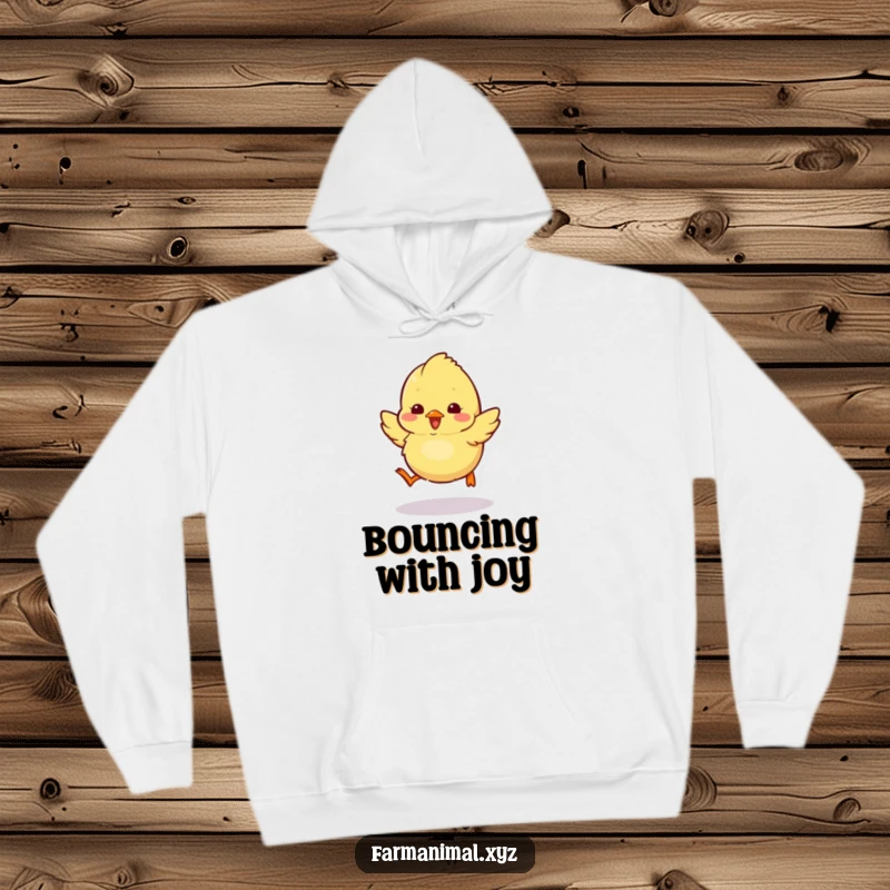 Funny chick hoodie showing a fluffy, excited chick hopping around, perfect for cozy comfort.