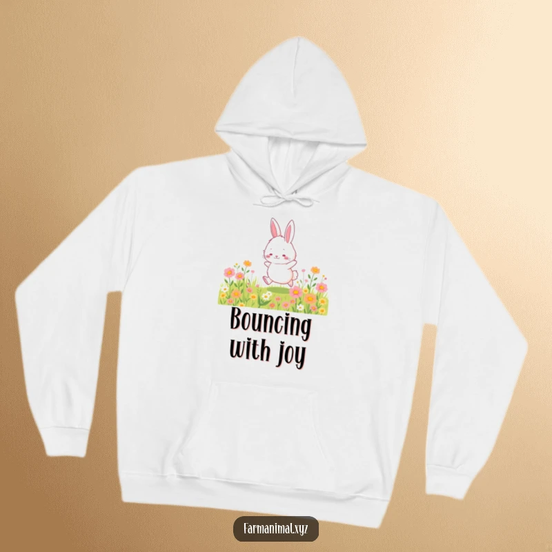 Funny bunny hoodie with a cozy design of a fluffy bunny character hopping through a vibrant wildflower field, perfect for chilly days.