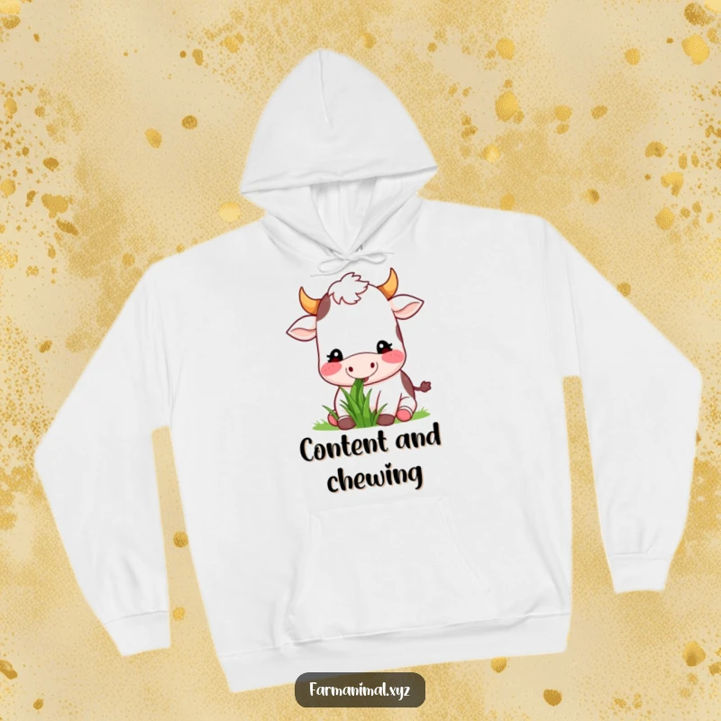 Funny happy cow munching contentedly on grass, printed on a soft hoodie, a humorous and calming farm item.