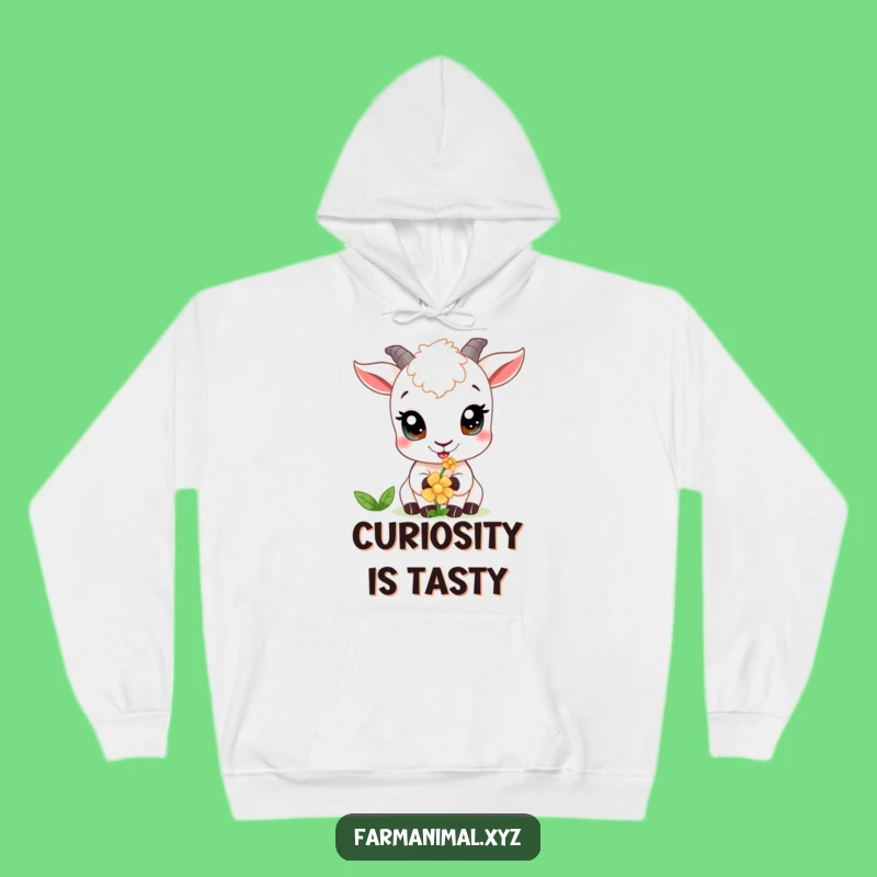Funny Curious Goat Hoodie: Flower Nibbler Wide Eyes, Cozy Funny Gift for Goat Fans