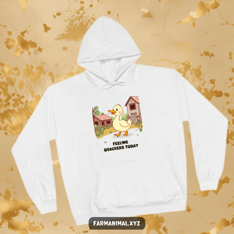Funny duck waddling with infectious joy through a quaint farmyard, featured on a soft and humorous hoodie.