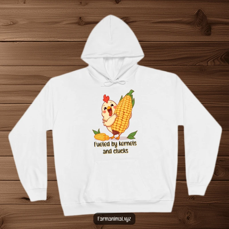 Funny hoodie featuring a cheerful chicken pecking at a giant corn cob, offering warmth and farmyard humor.