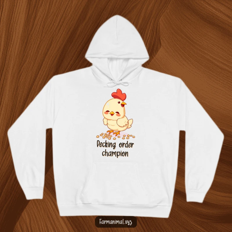Funny chicken hoodie, intensely pecking at seeds, showcasing a happy and busy farm bird, perfect for cozy, humorous wear.