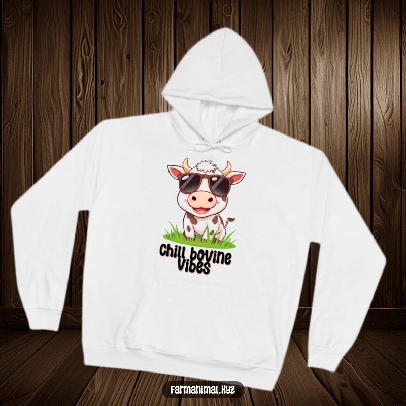Funny cow wearing sunglasses, happily munching grass on a hoodie, offering cozy humor.