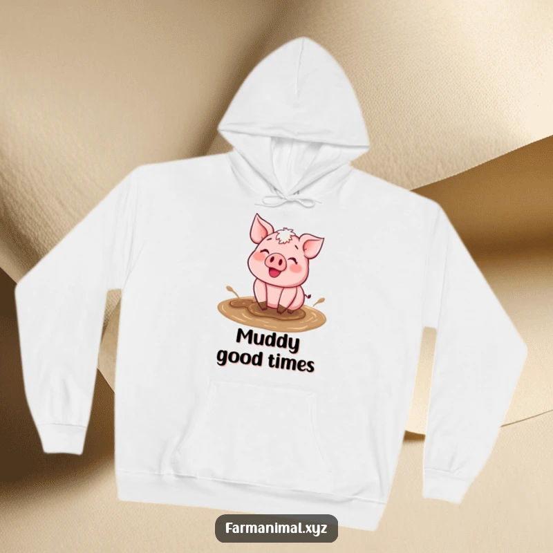 Funny Happy Pig Mud Hoodie showing a happy pig wallowing in mud, offering cozy warmth and joyful, messy humor.