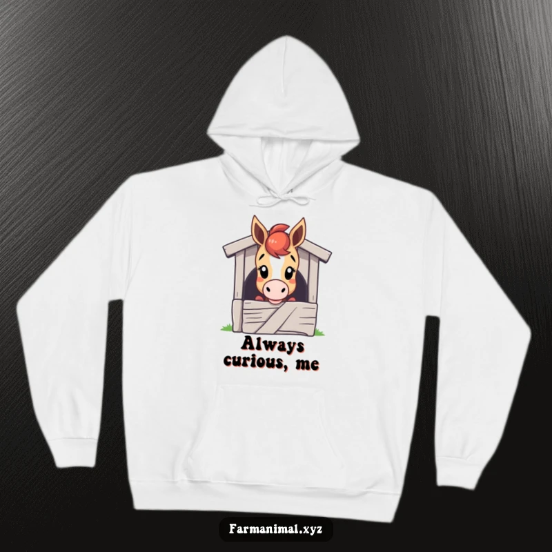 Funny horse hoodie with a warm and cozy design of a curious horse character peeking over a stable door, inviting interaction.