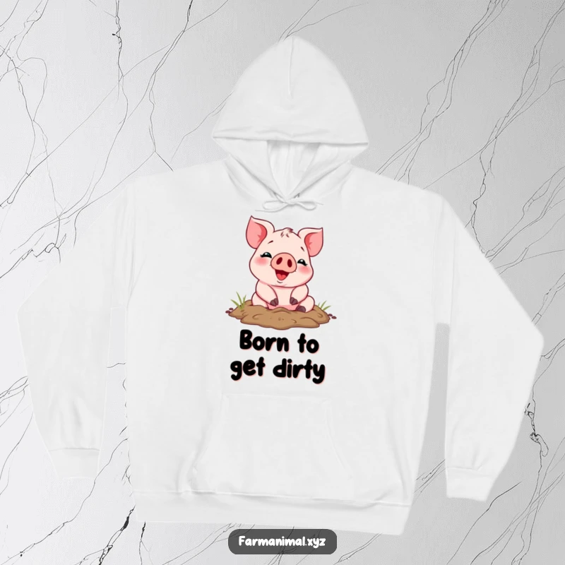 Funny cheerful piglet rolling with glee in mud, printed on a soft hoodie, a humorous and delightful farm animal item.