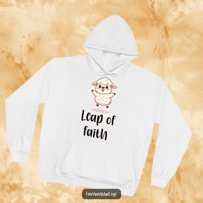 Funny Sheep Hoodie showing a fluffy sheep leaping playfully, offering warmth and a touch of humorous farmyard delight.