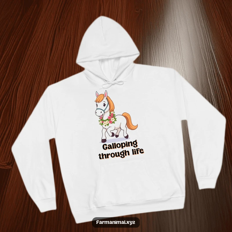 Funny Horse Hoodie showcasing a jubilant horse with a blooming floral garland around its neck, caught in a happy trot.