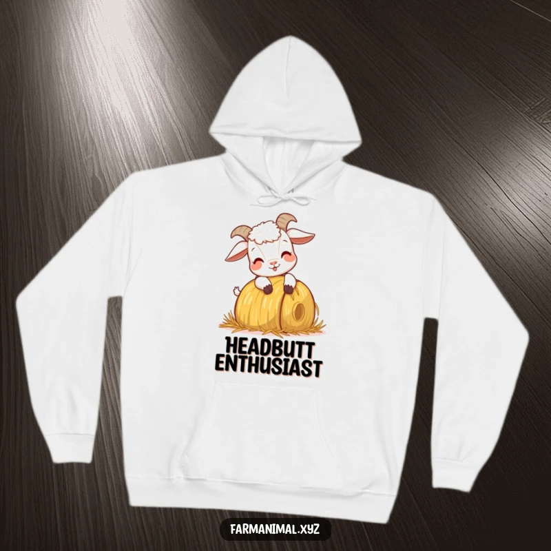 Funny Goat Headbutting Hoodie, featuring a goat energetically headbutting a hay bale, bringing playful farm charm and warmth to your day.