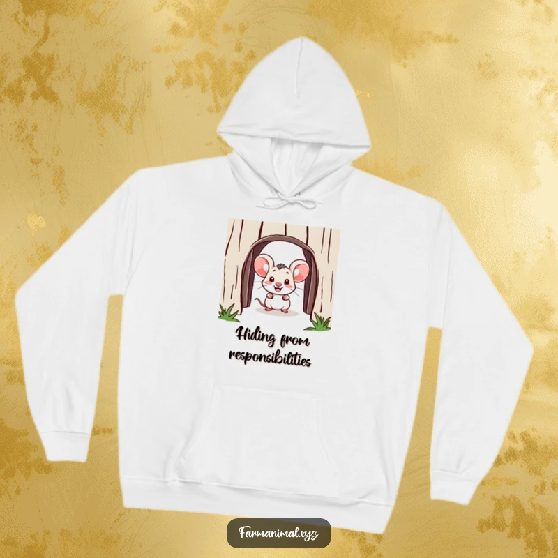 Funny mouse hoodie, a small cheerful mouse peeking out from a barn door, showcasing humor and coziness, ideal gift.