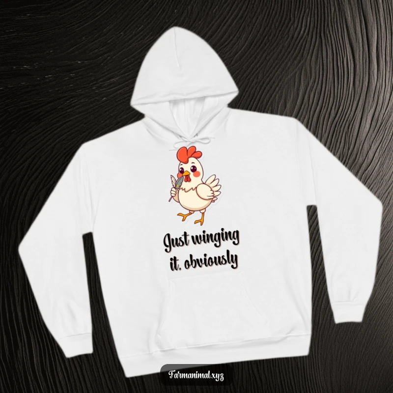 Funny chicken hoodie showcasing a cheerful strutting character with a feather in its beak, offering warmth and a humorous fashion statement.