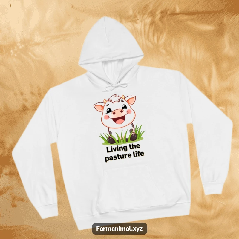 Funny Cow Hoodie depicting a delighted cow with a huge grin, contentedly grazing on a field of vibrant green grass.