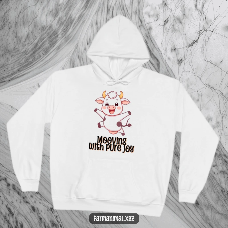 Funny jumping cow hoodie, joyfully leaping, a cozy and humorous sweatshirt for farm animal lovers.