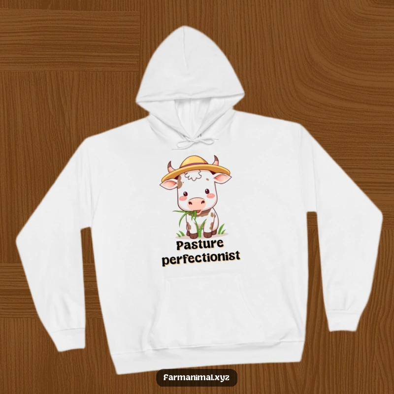 Funny Cow Hoodie: A cow wearing a straw hat happily munches on grass, bringing a touch of farm coziness.