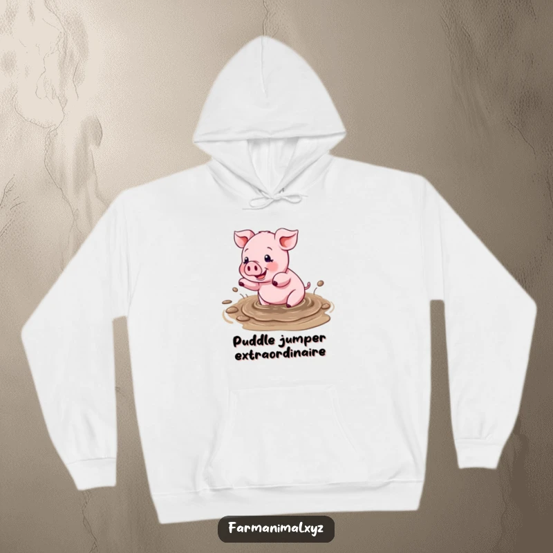 Funny hoodie featuring a contented pig joyfully splashing in a muddy puddle, designed for comfort and a good chuckle.